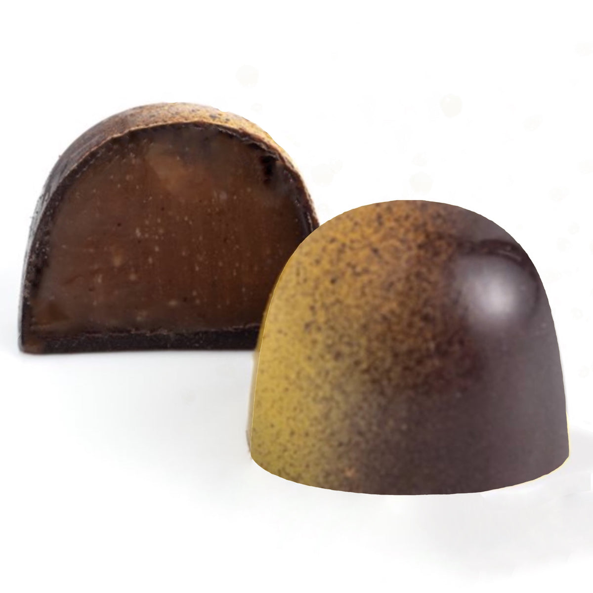 cinnamon churro dark chocolate bonbon cut  to show caramel