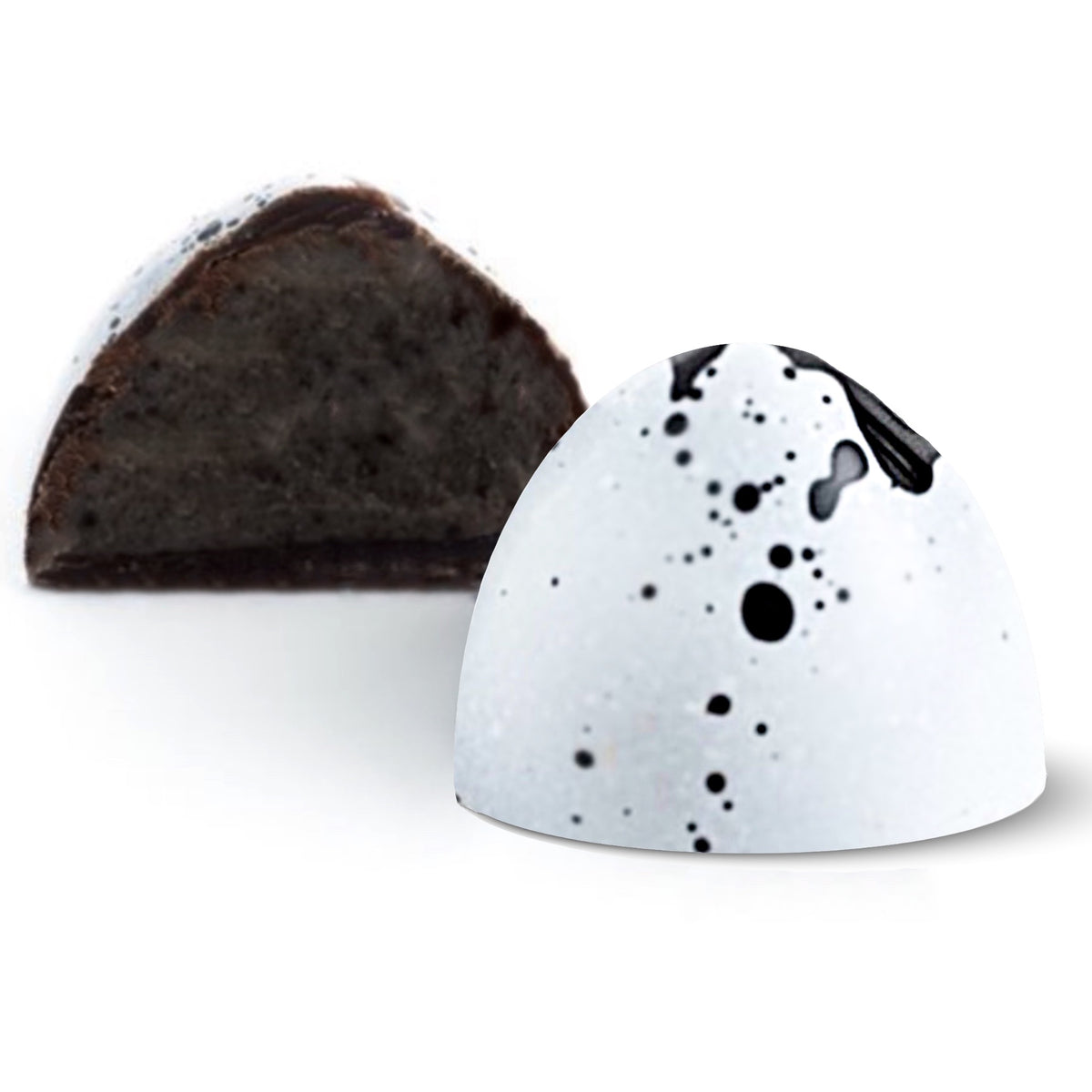 cookies and cream dark chocolate bonbon cut to show filling 